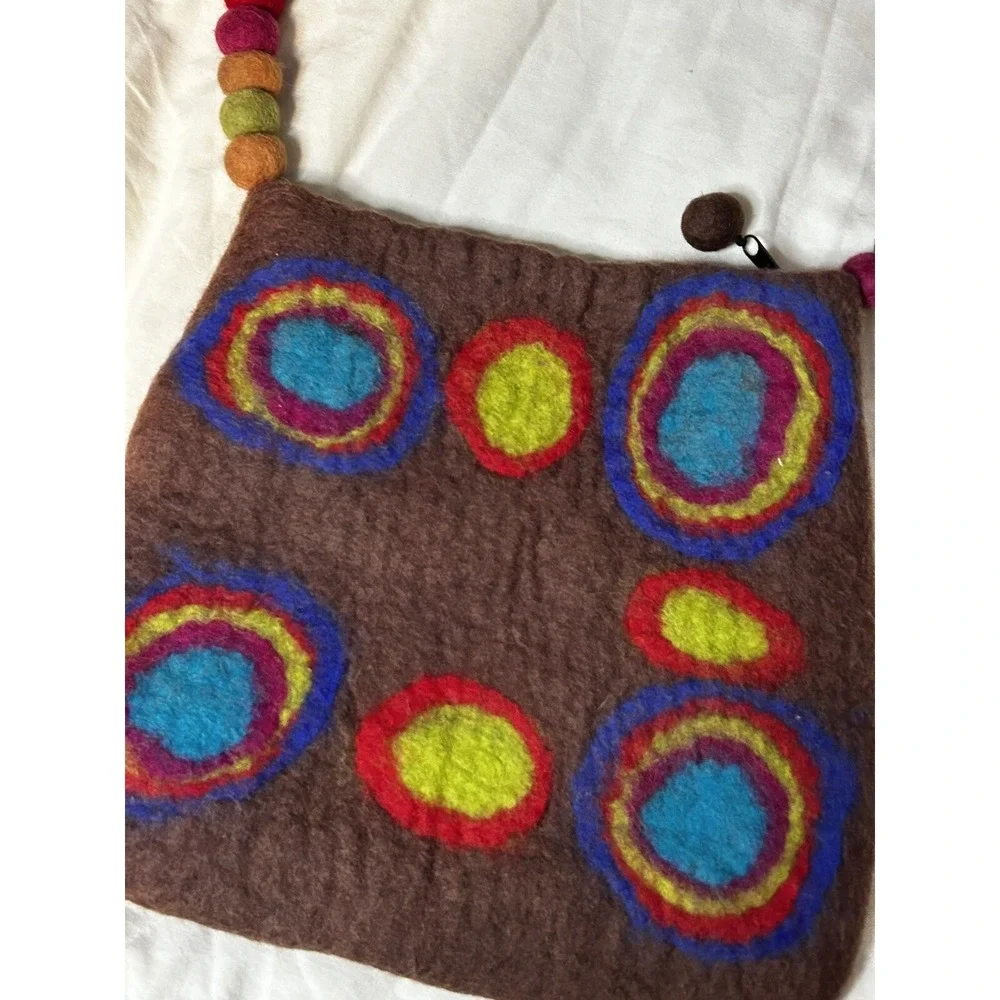 Brown Felted Wool Artsy Purse‎ Hand Bag Nepal Funky Hippie